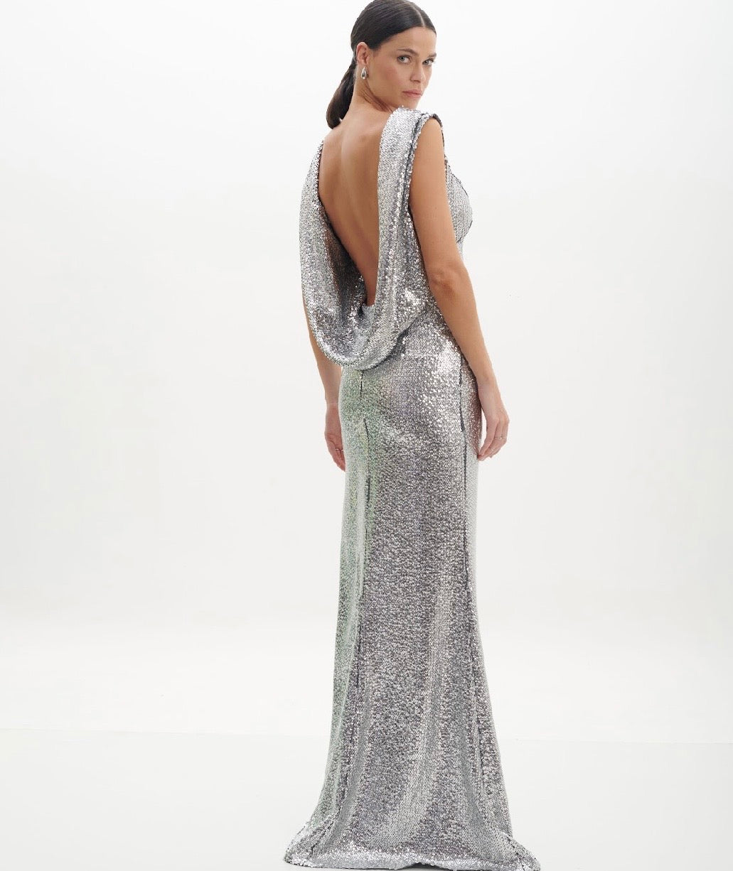 Silver Sequin Draped Back Dress