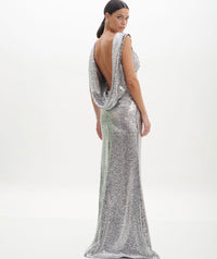 Silver Sequin Draped Back Dress
