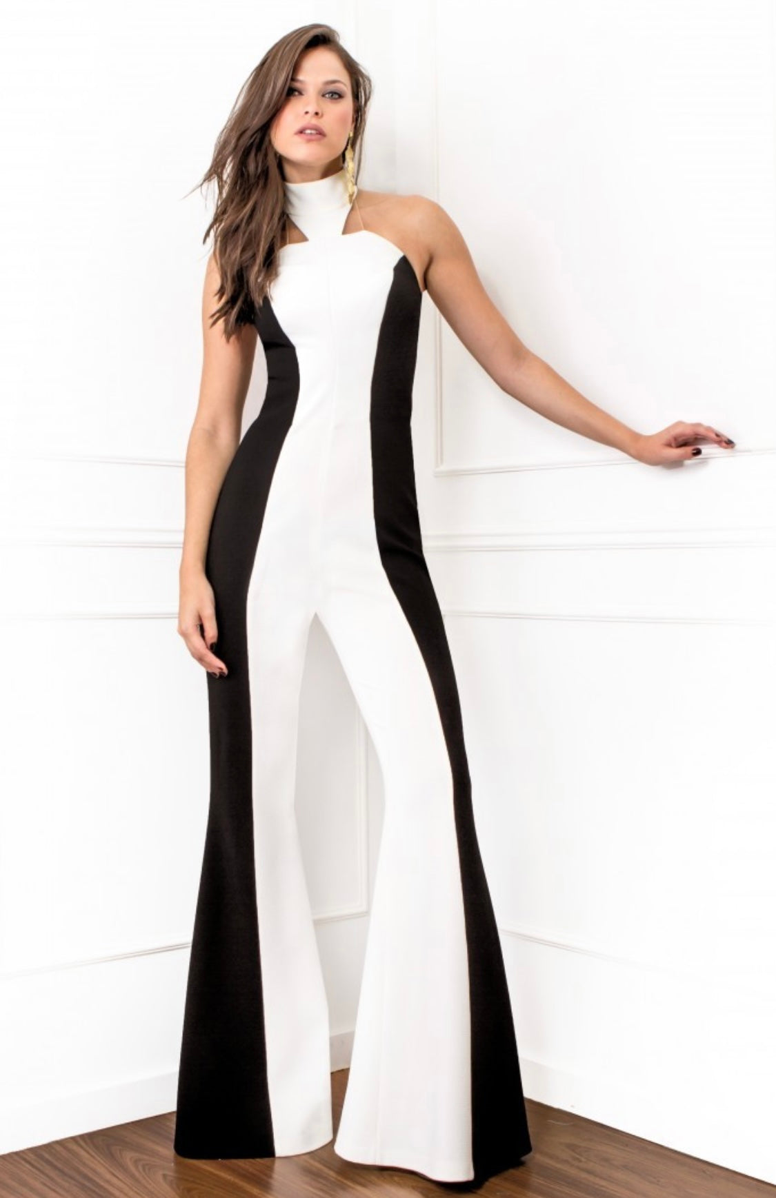 Black and White Stripe Halter Jumpsuit with Bell Bottoms