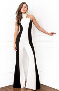 Black and White Stripe Halter Jumpsuit with Bell Bottoms