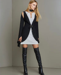 White and Black Overlay Cold Shoulder Long Sleeve Short Dress