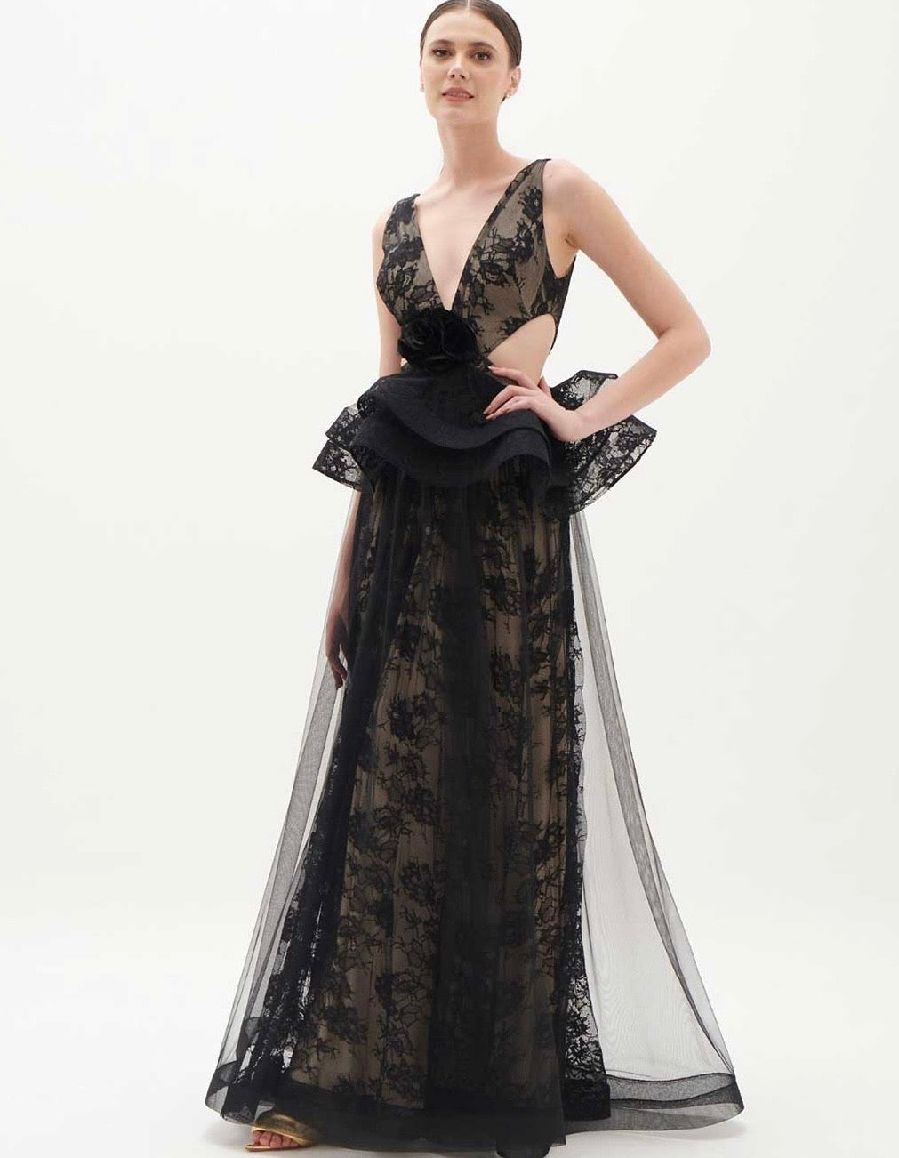 Black and Nude Lace and Tulle Gown