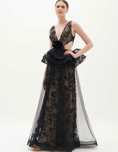 Black and Nude Lace and Tulle Gown