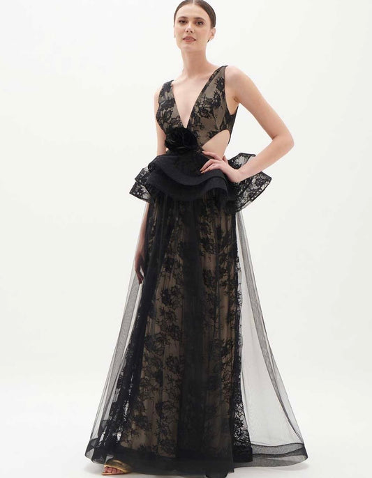 Black and Nude Lace and Tulle Gown
