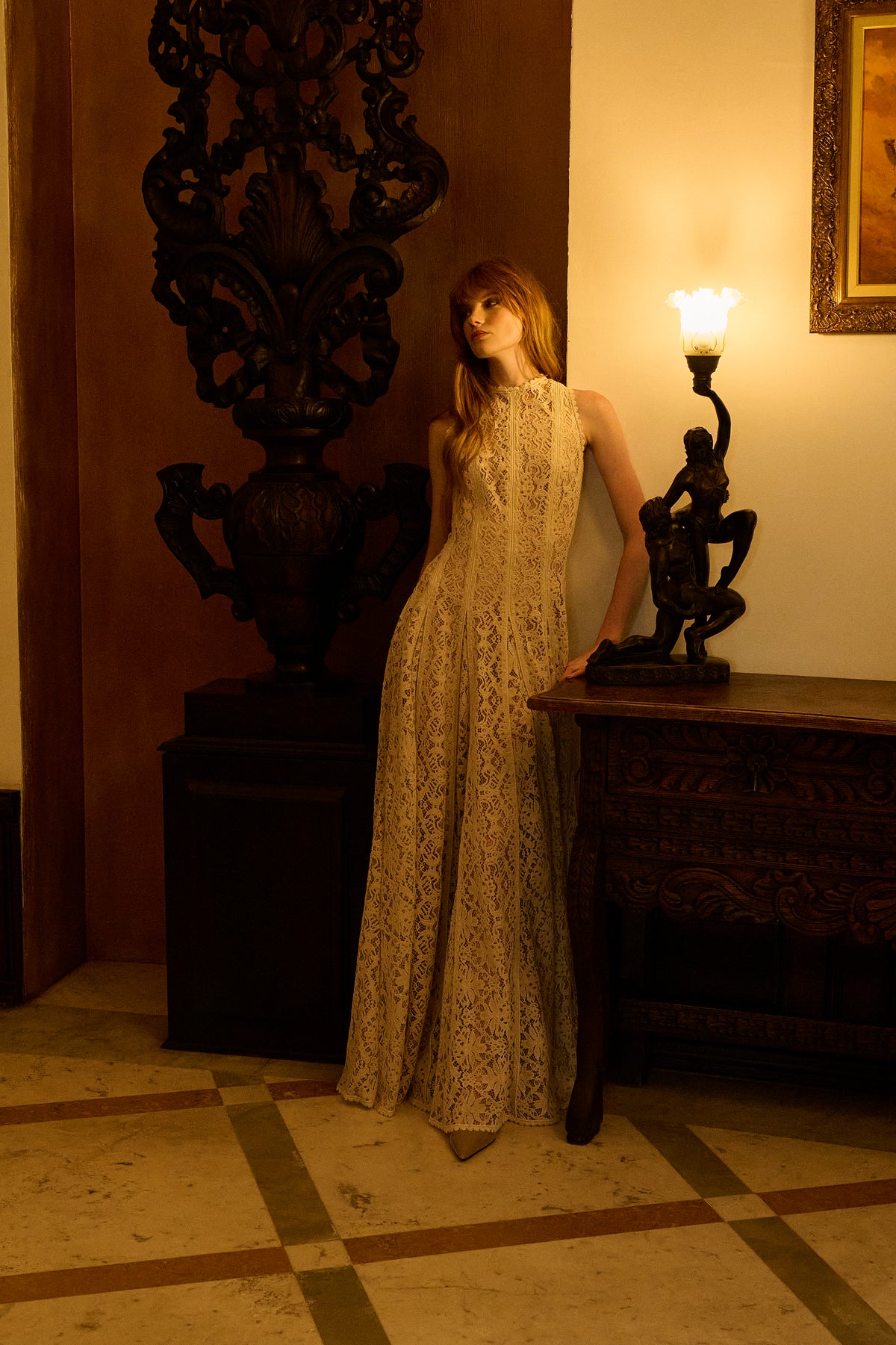 Cream Velvet Lace Sleeveless Lined Long Dress