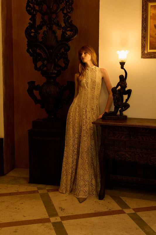 Cream Velvet Lace Sleeveless Lined Long Dress