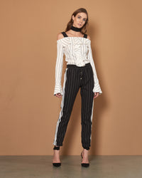 White and Black Striped Ruffle Long Sleeve Top