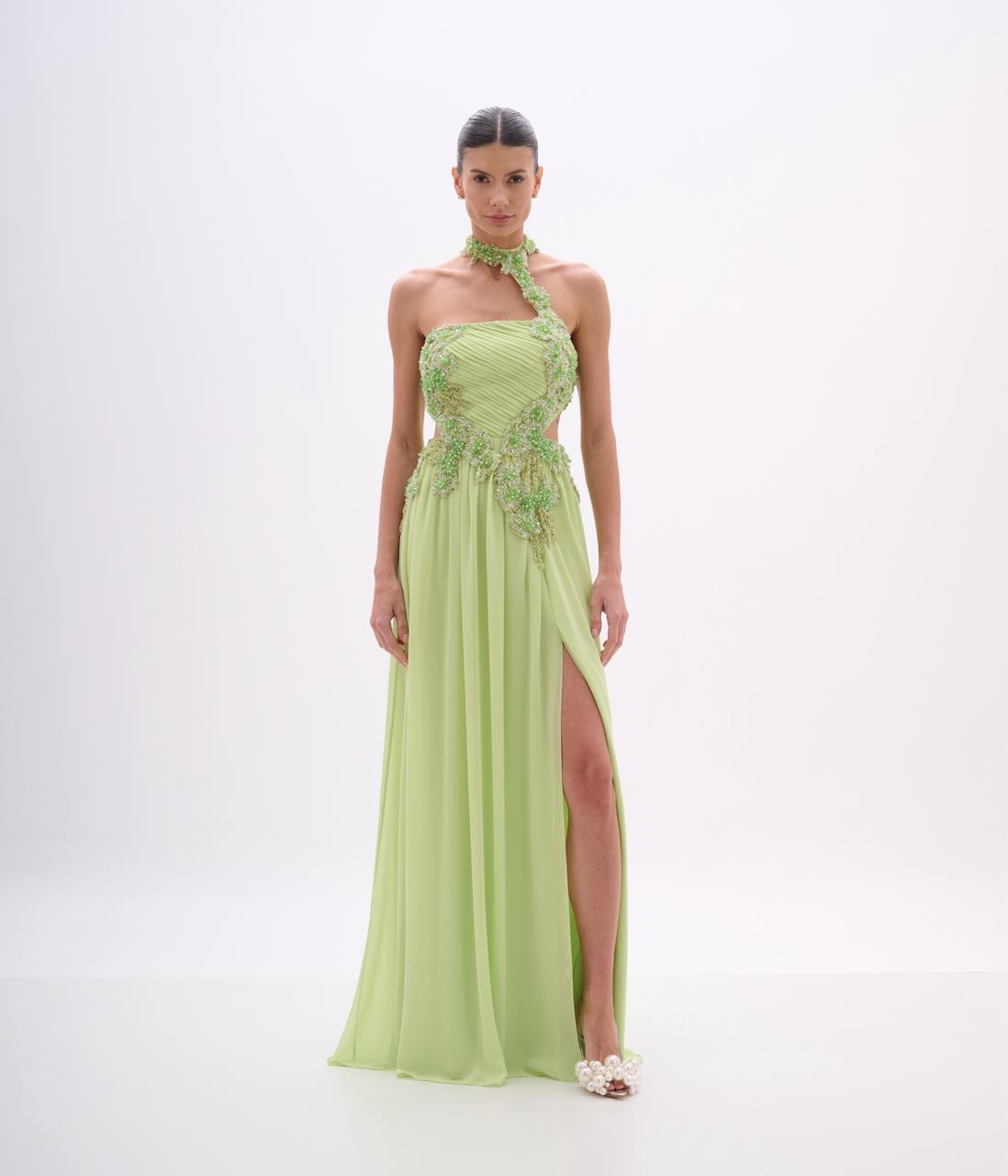 Luminous Citrus-Hued Halter Beaded Gown with Side Cutouts with High Side Slit