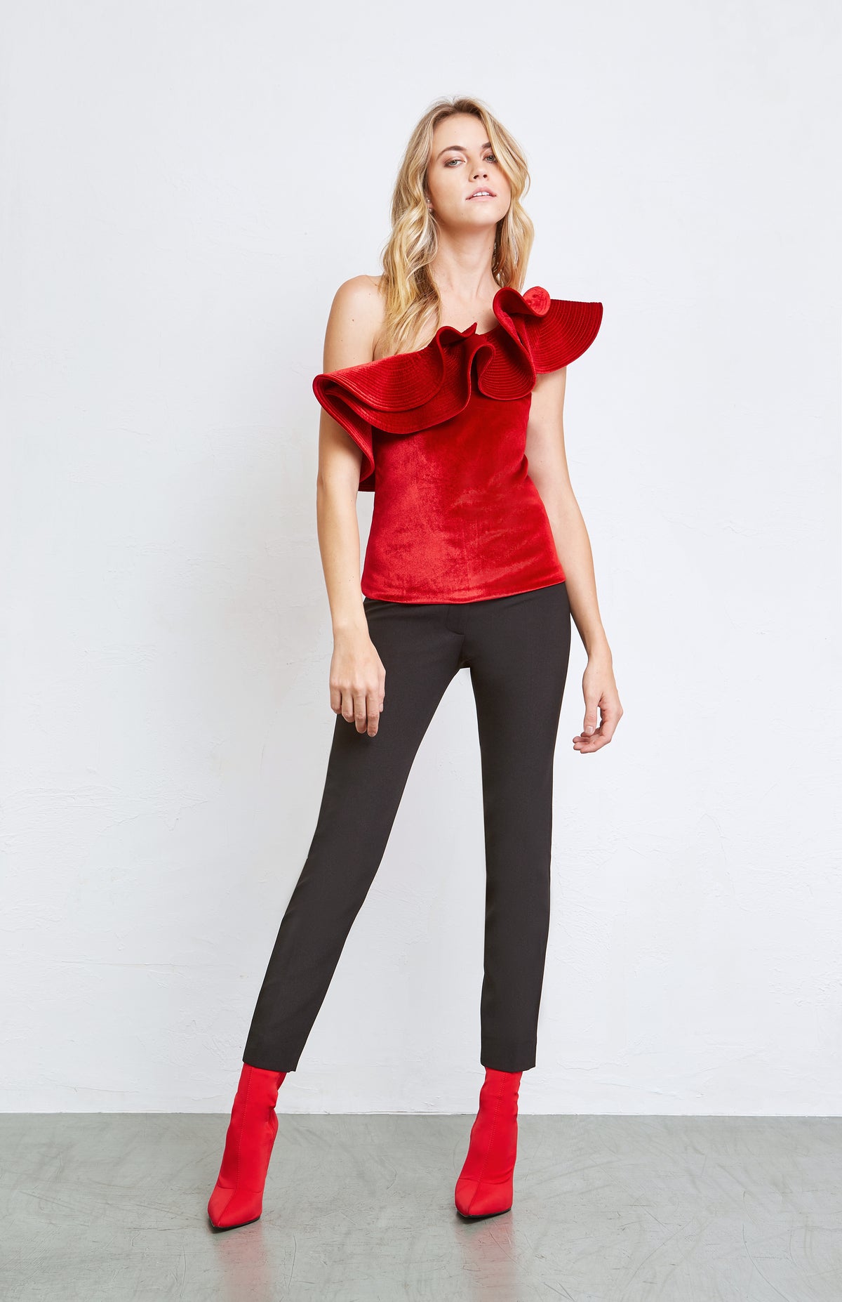 Red One Shoulder Ruffle Velvet Top