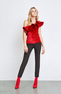 Red One Shoulder Ruffle Velvet Top