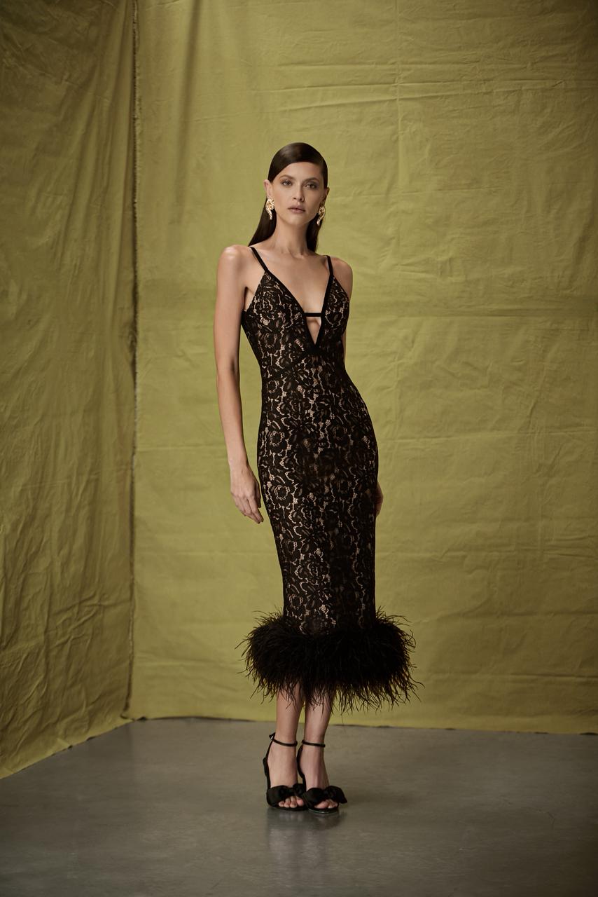 Nude and Black Lace Sleeveless Midi Dress with Ostrich Feather Hem