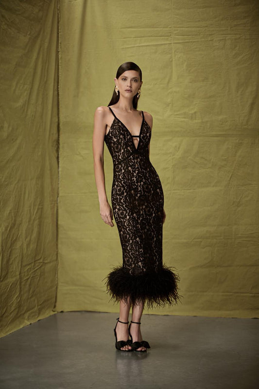 Nude and Black Lace Sleeveless Midi Dress with Ostrich Feather Hem