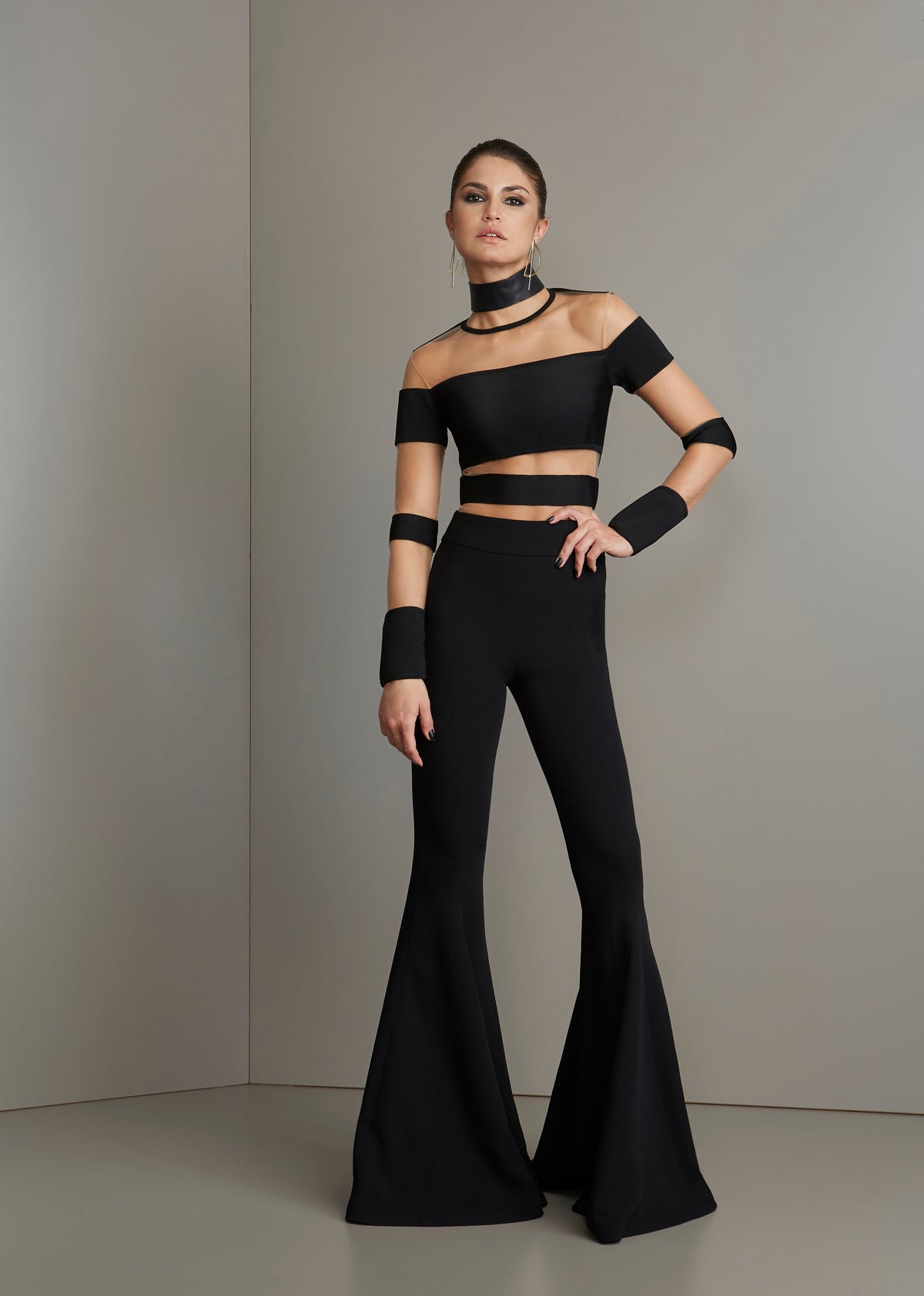 Black Bandage Bell Bottom Jumpsuit with Mesh Straps