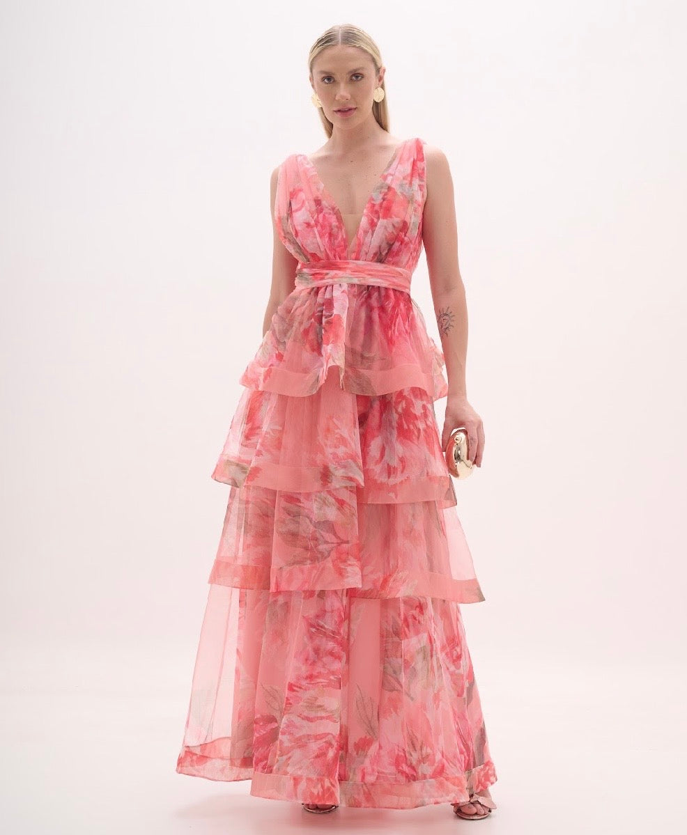 Pink and Coral Floral Layer Tulle Gown