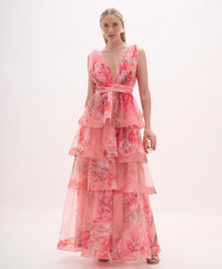 Pink and Coral Floral Layer Tulle Gown