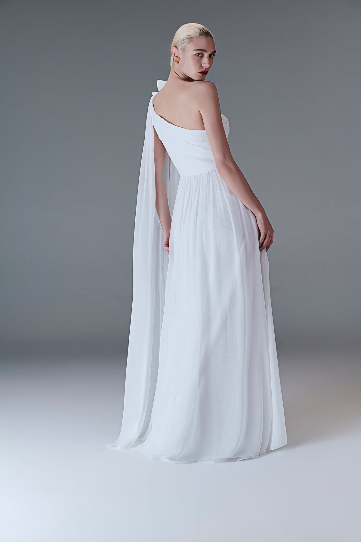 White Floral Silk One Shoulder Gown