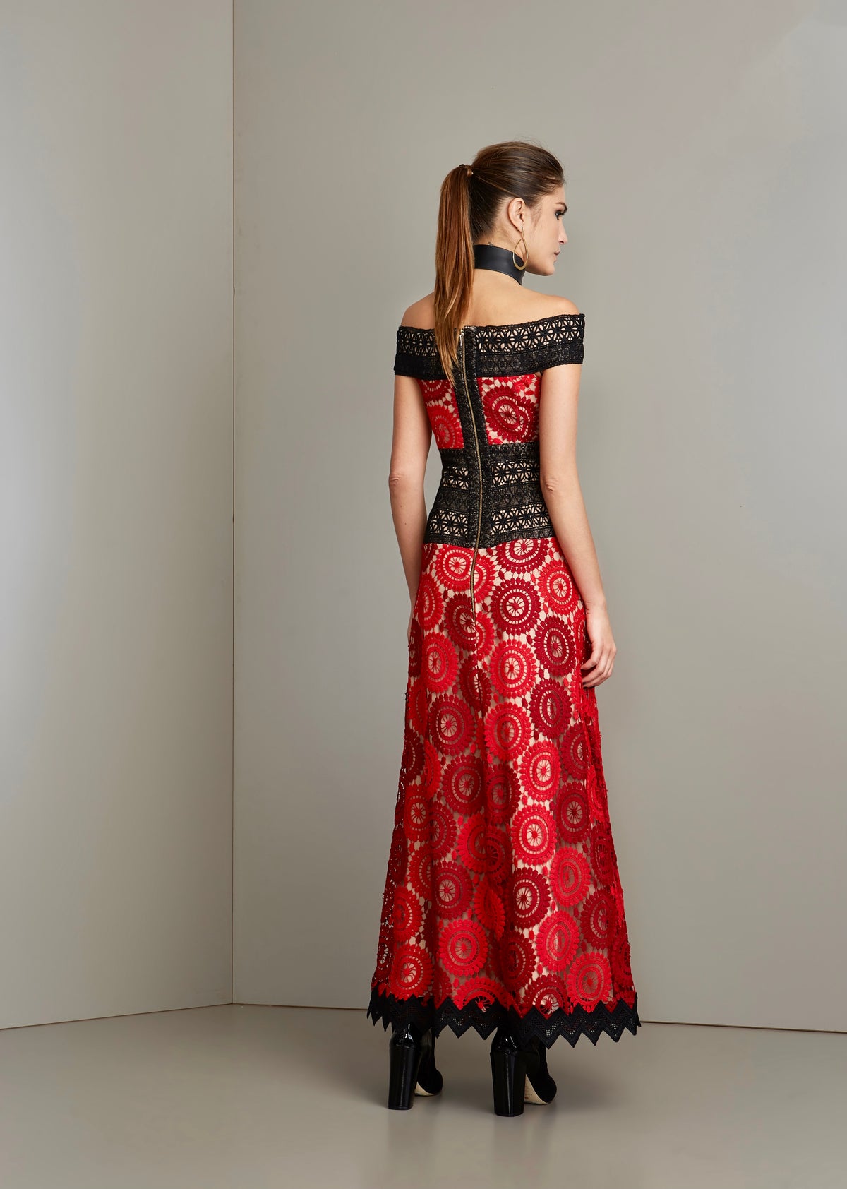 Black Red off the Shoulder Lace Dress Nude Lining and Black Trim