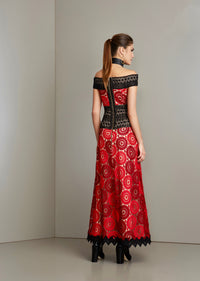 Black Red off the Shoulder Lace Dress Nude Lining and Black Trim