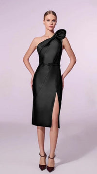 One Shoulder Midi Dress with Shawl Collar Matching Belt and Front Slit