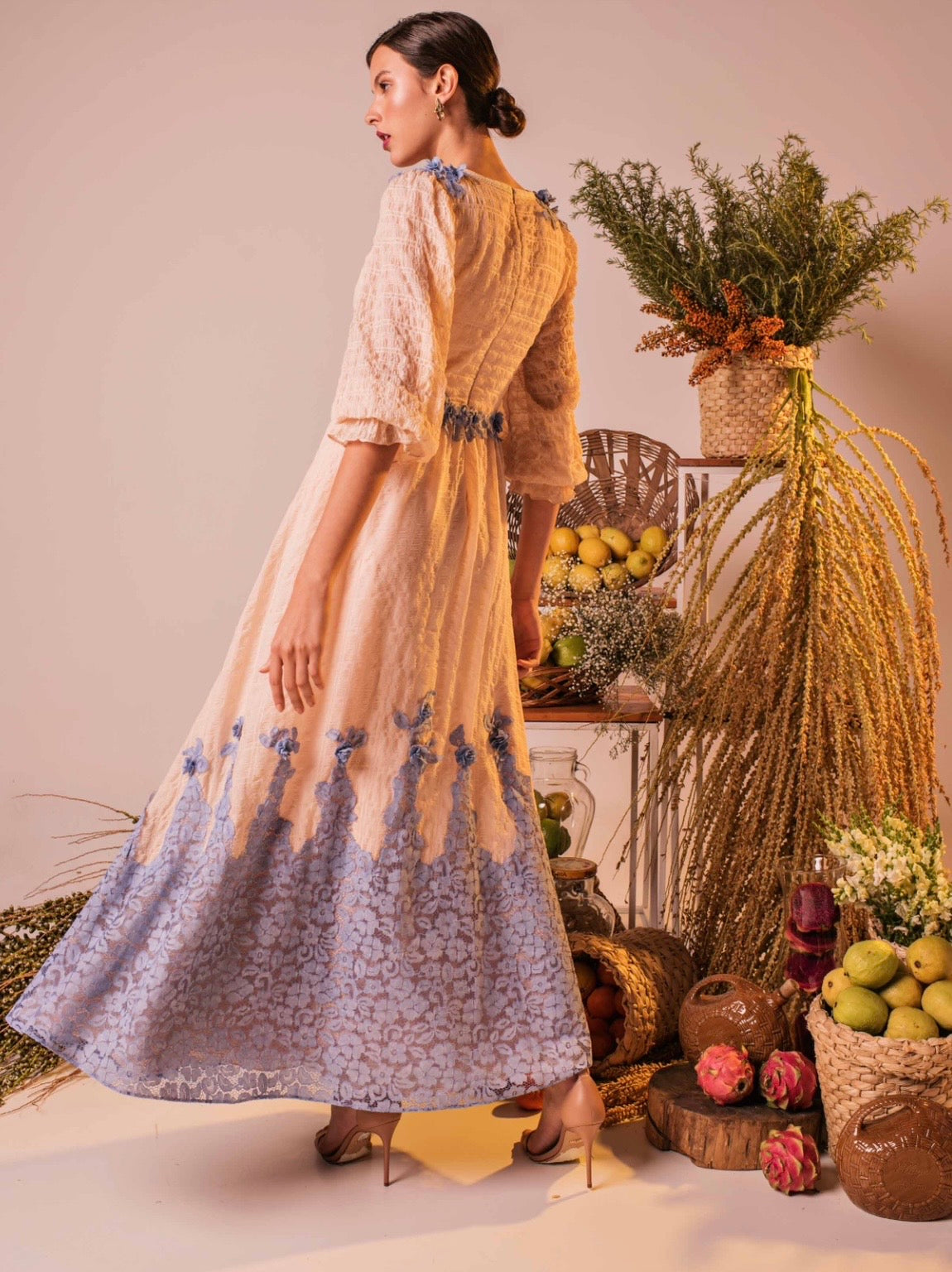 Nude Three-Quarter Sleeve Full Length Dress With Blue Lavender Lace Applique