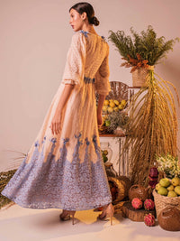 Nude Three-Quarter Sleeve Full Length Dress With Blue Lavender Lace Applique