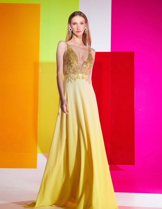 Ombre Yellow Hand Beaded Gown