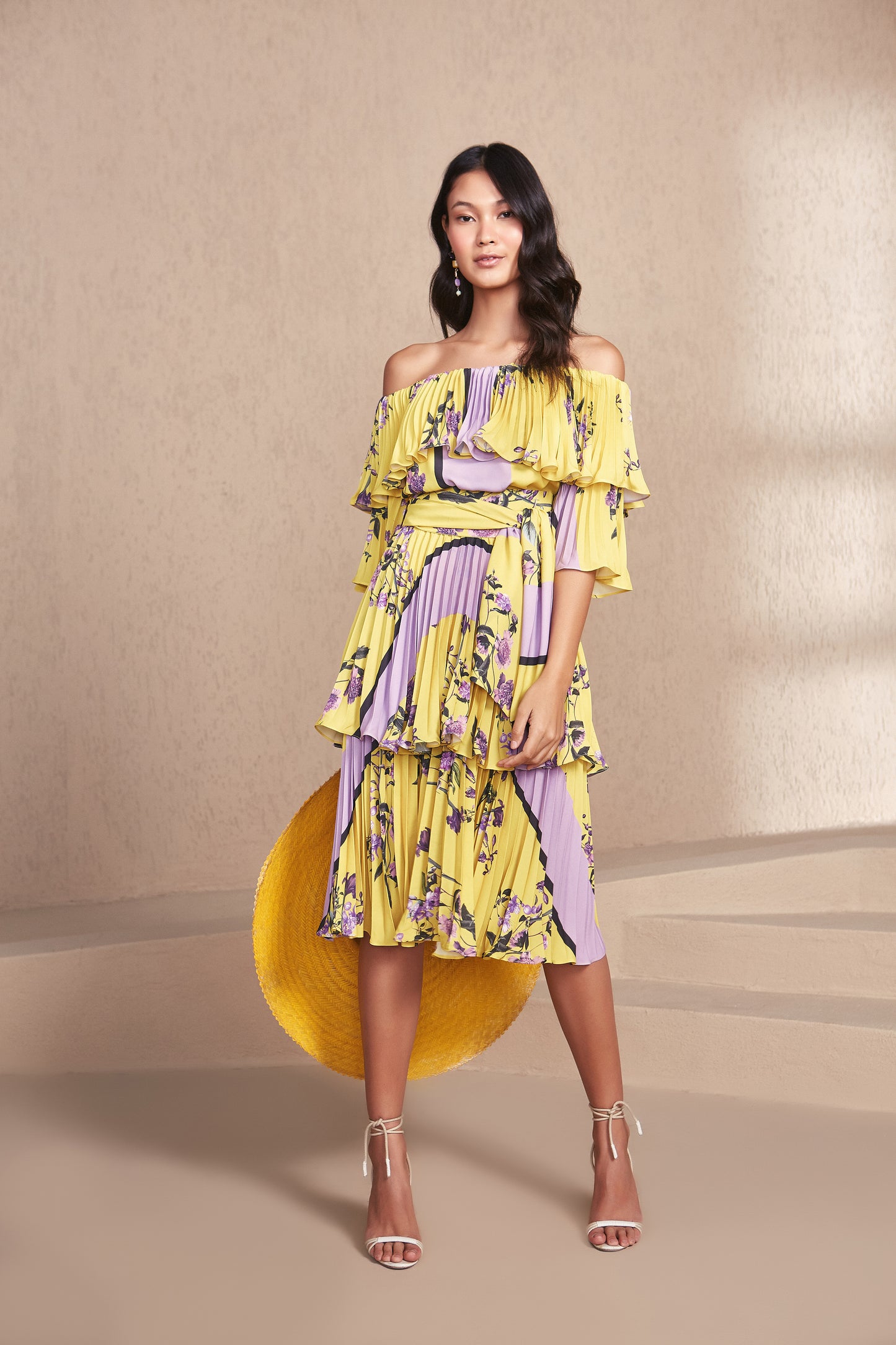 Yellow and Lavender Floral Off the Shoulder Pleated Layered Midi Dress