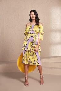 Yellow and Lavender Floral Off the Shoulder Pleated Layered Midi Dress