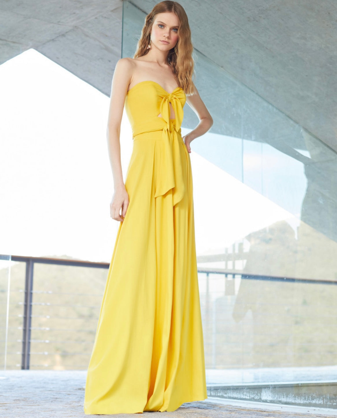 Yellow Strapless Front Bow Long Dress