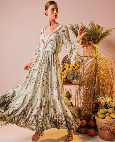Mint Green Floral Three-Quarter Ruffle Full Length Dress