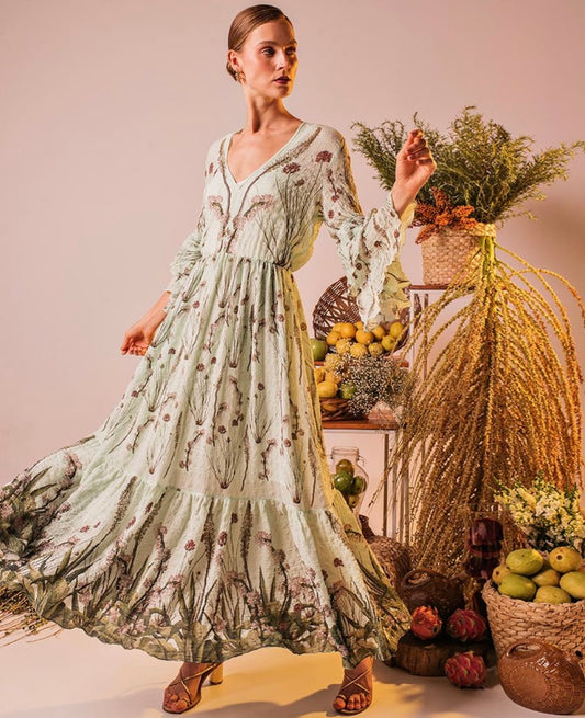 Mint Green Floral Three-Quarter Ruffle Full Length Dress