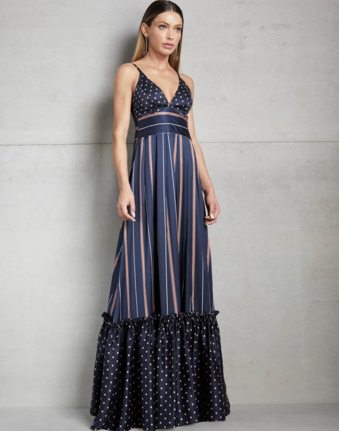 Blue and Orange Striped Polka Dot Dress