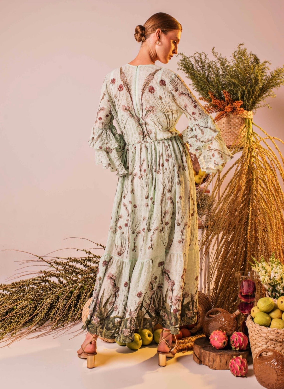Mint Green Floral Three-Quarter Ruffle Full Length Dress