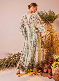 Mint Green Floral Three-Quarter Ruffle Full Length Dress