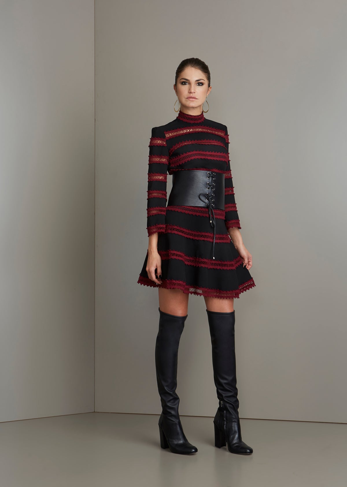 Black and Burgundy Lace Trim Three-Quarter Sleeved Dress
