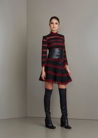 Black and Burgundy Lace Trim Three-Quarter Sleeved Dress