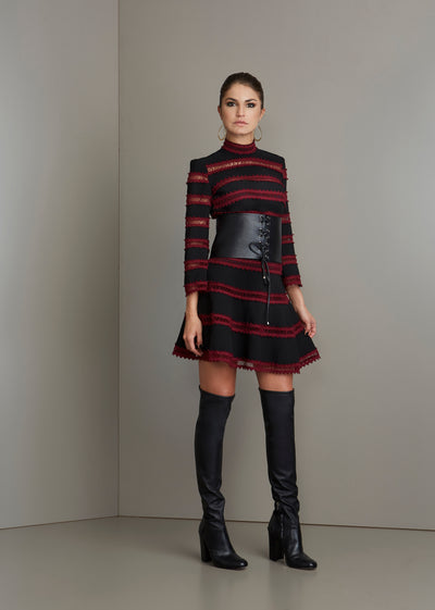 Black and Burgundy Lace Trim Three-Quarter Sleeved Dress