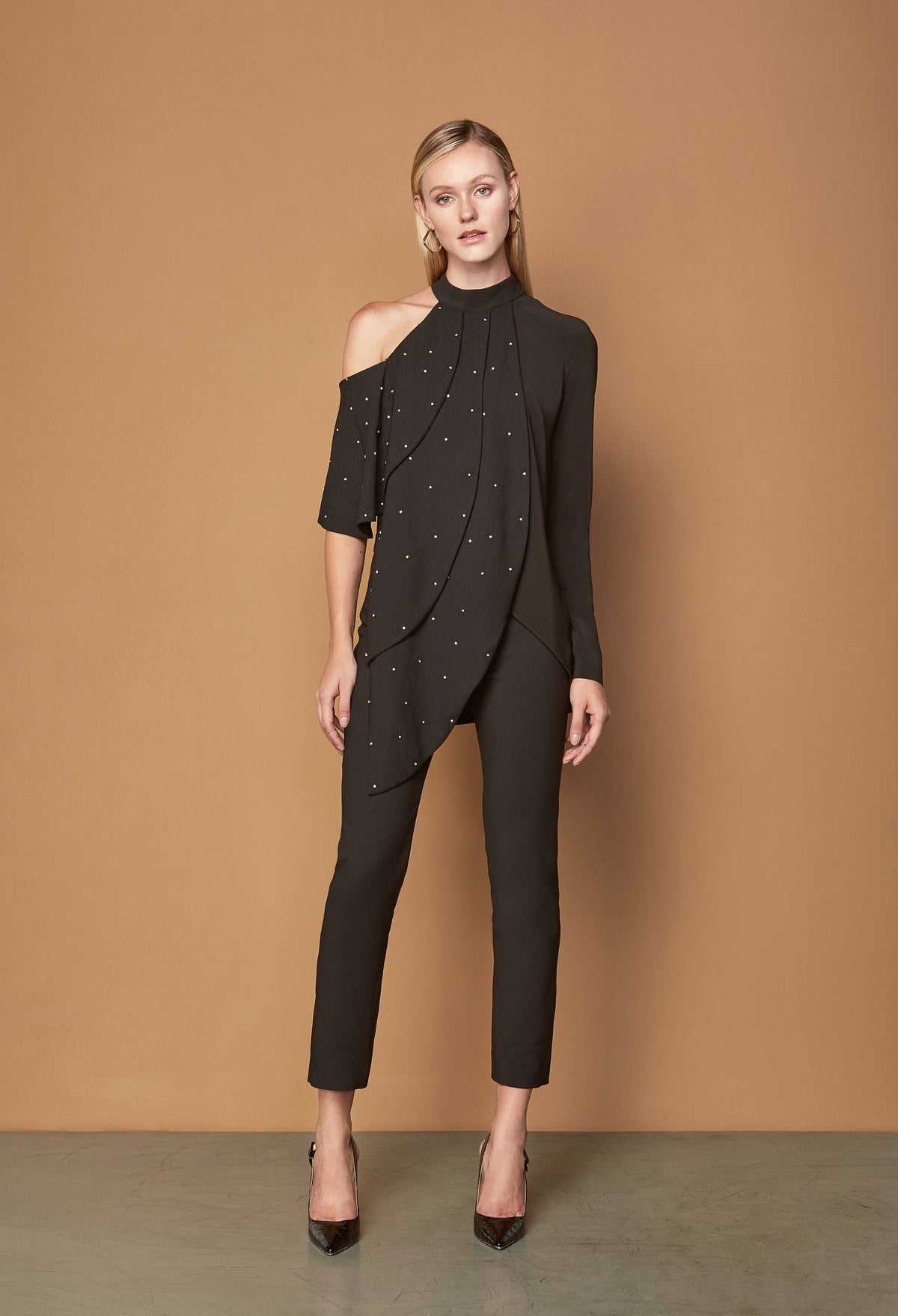 Black Layered Cold Shoulder Top with Gold Swarovski Crystals