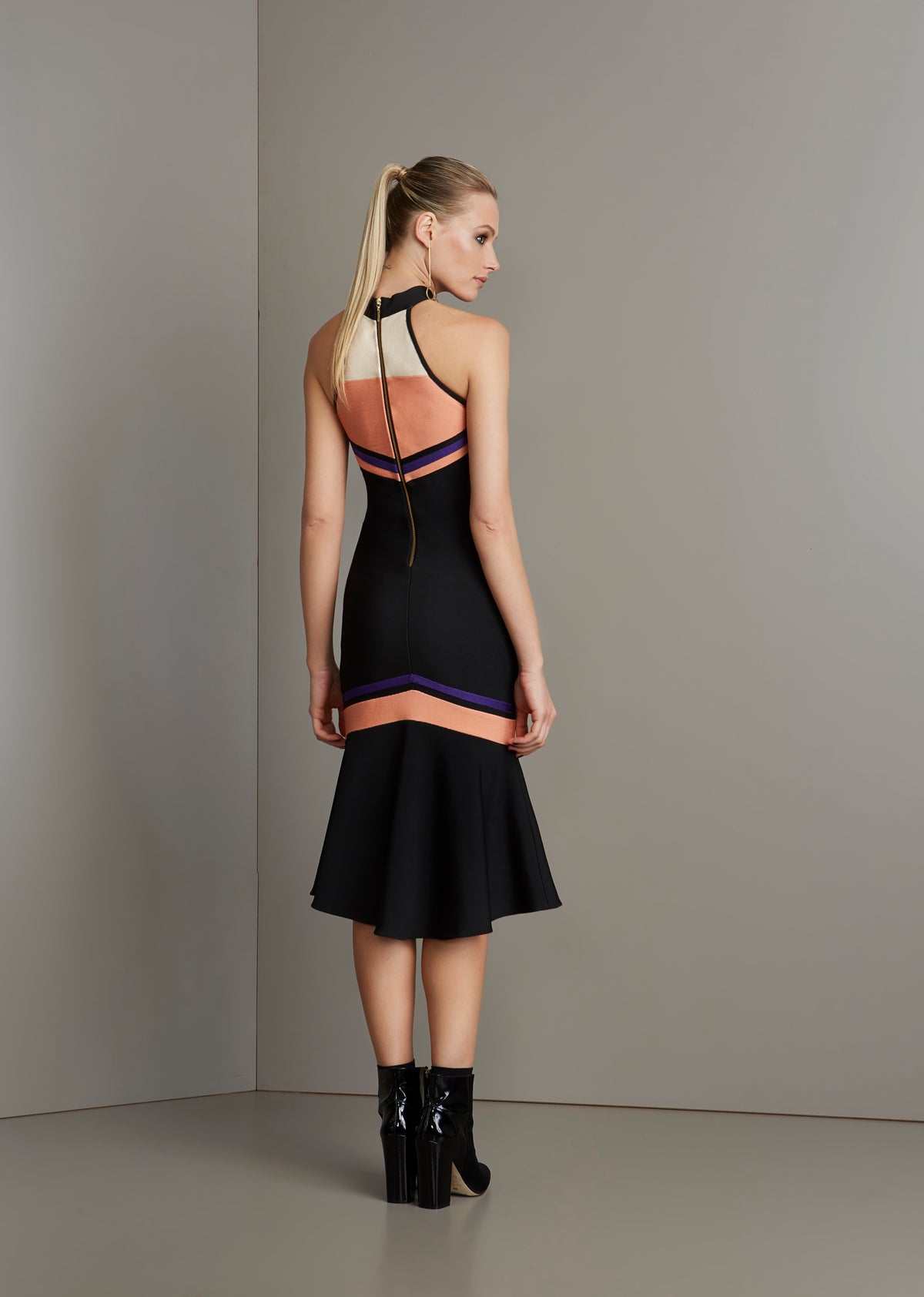 Black Tri Color Halter Bandage Midi Dress