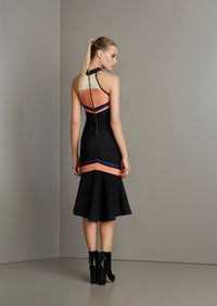 Black Tri Color Halter Bandage Midi Dress