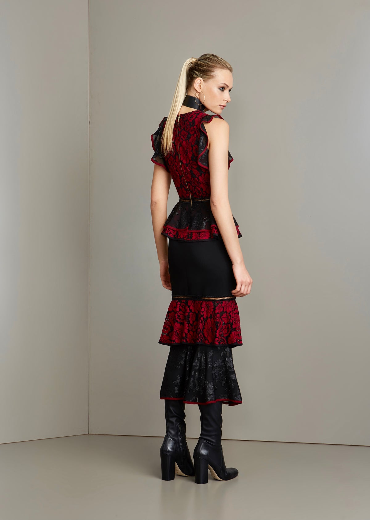 Burgundy and Black Lace Ruffle Midi Dress