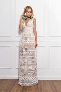 Nude and White Lace Sleeveless Long Dress