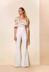 White and Nude Flower One Shoulder Jumpsuit