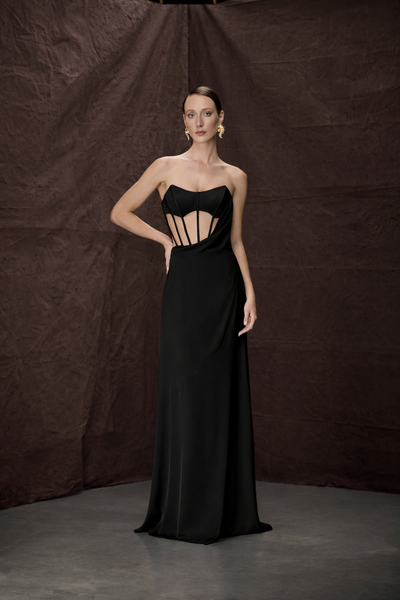 Black Strapless Gown with Corset Structured Mesh Bustier