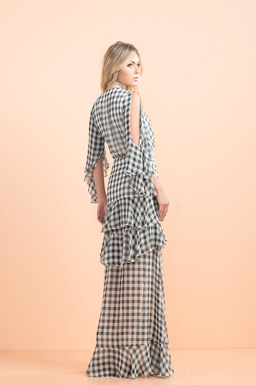 White and Gray Ruffle Dress with Three Quarter Sleeves