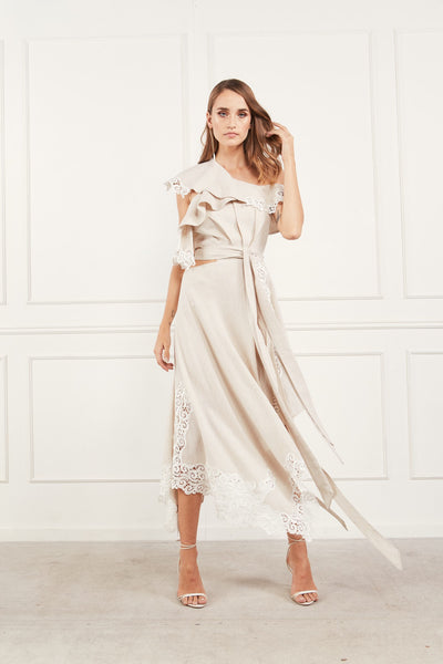Beige One Shoulder Ruffle Linen Midi Dress