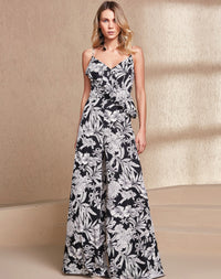 Sleeveless Floral Black and White Jumpsuit with Front Ruffle