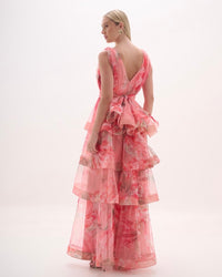Pink and Coral Floral Layer Tulle Gown