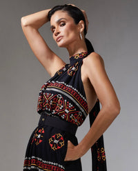 Black Halter Dress with Red and Orange Tribal Embroidery
