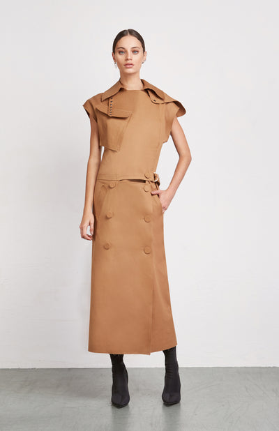 Brown Trench Midi Dress with Gold Medal Details and Cap Sleeves